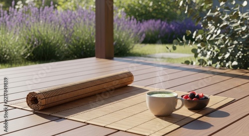 Yoga mat with rolled up exercise mat and small flower pot on wooden deck