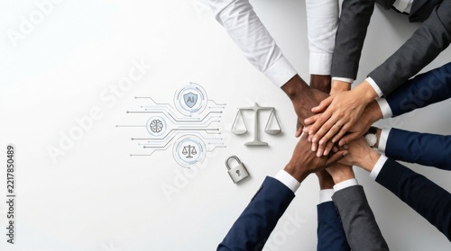 Business team stacking hands together with digital technology law and security icons for success