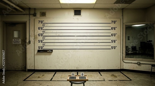 Empty Police Station Lineup Room with Height Measurement Chart and Observation Window