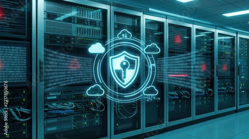 Cyber security network protection concept with shield and key icon in data center server room