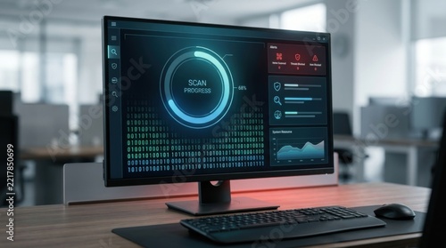 Computer screen displaying system scan and data analytics in office setting