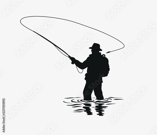 Fisherman Silhouette Casting Fishing Rod in Water Outdoor Sport Illustration