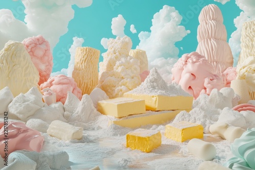 Whimsical cloudscape dessert with pastel confectionery