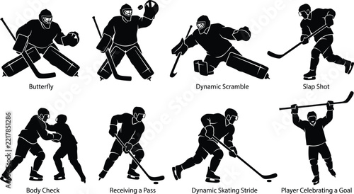 Canvas Print Ice Hockey Goalie and Player Action Silhouette Set Slap Shot Body Check Vector