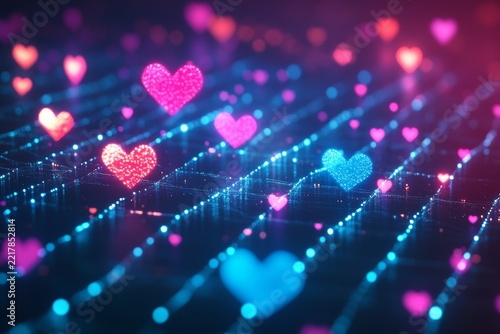 Glowing pink and blue hearts on digital grid background
