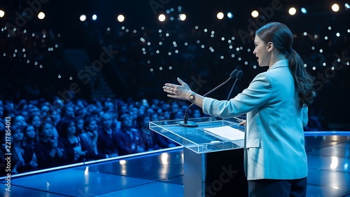 Professional woman speaking at podium in front of large audience under blue lighting representing leadership communication and public speaking