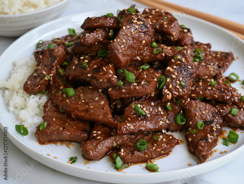 Korean style bulgogi beef and rice with sesame seeds