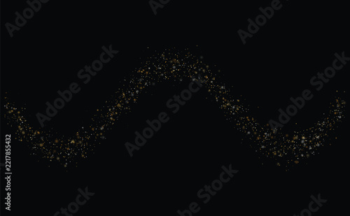 Golden and silver glitter dust wave with bokeh particles flowing across a black background
