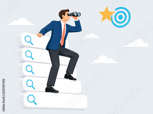 New job search concept. A businessman with binoculars climbs a staircase made of search bars