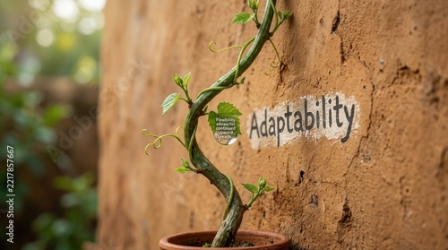 Vine growing up a textured wall with the word Adaptability