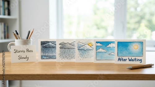 Weather progression cards showing rain and sun on a wooden surface