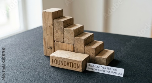 Wooden blocks form stairs with the word foundation