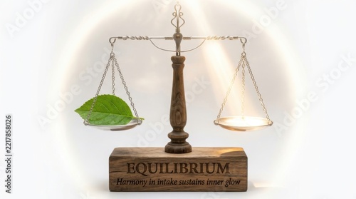 Balance scale holding green leaf and light on wooden base