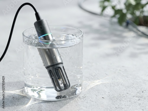 Modern Sensor Probe for Water Testing in Clear Glass with Reflections and Natural Background