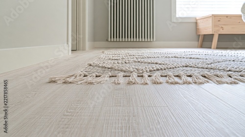 Light colored vinyl flooring with a textured rug and radiator