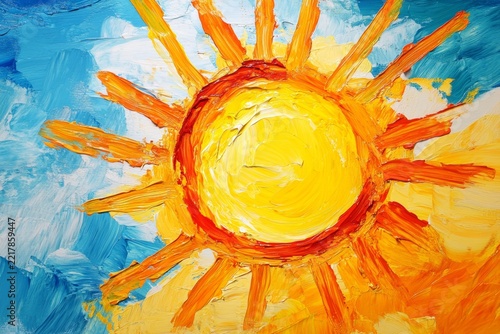 Vibrant sunburst acrylic painting on canvas with blue sky
