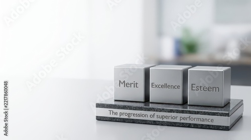 Three metallic blocks representing merit excellence and achievement