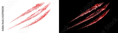 Claw scratch marks with three bloody red slashes and glossy texture for horror and Halloween designs in PNG, Transparent and Black Background Versions