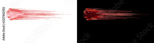 Blood splatter with long horizontal red streaks and thin liquid trails for horror and Halloween designs in PNG, Transparent and Black Background Versions