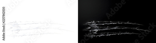 Horizontal claw scratch marks with three long torn grooves and rough edges on black surface for horror designs in PNG, Transparent and Black Background Versions