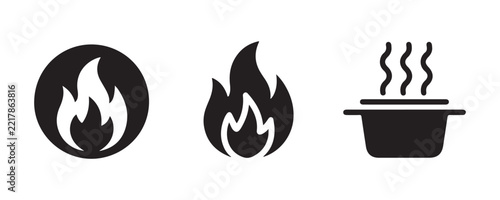 Boiling stew pot with steam vapor and fire gas flame icons for culinary brand and kitchen signage.