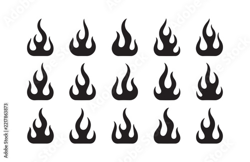 Fire flame silhouette set with various wavy burning shapes for hot energy and flammable logo design.
