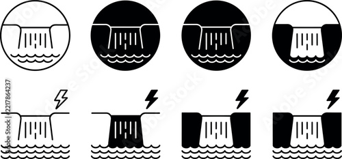 Waterfall and Hydroelectric Power Vector Icon Set in Line Art and Solid Glyph Style