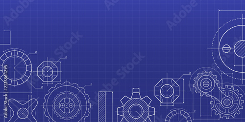 Technical blueprint background with mechanical pattern on dark blue. Vector illustration of industrial design sketch with precision machinery parts, engineering details, tech presentation design