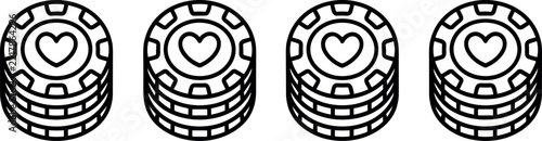 Casino Poker Chips Stack Vector Icon Set with Heart Suit Line Art for Gambling Design