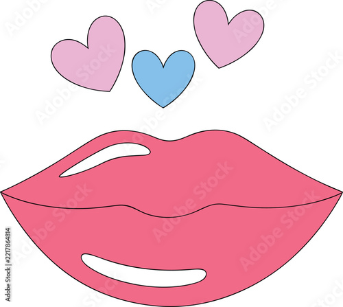 Pink Lips Vector Illustration with Hearts for Valentine Day and Beauty Branding Design