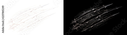 Diagonal claw scratch marks with four shredded grooves and fine scratch lines on black surface for horror designs in PNG, Transparent and Black Background Versions