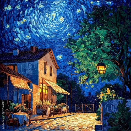 A cozy night scene featuring a charming restaurant under a starry sky. This vibrant artwork captures the beauty of outdoor dining. The warm glow invites relaxation and joy. AI