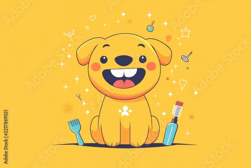 Cute cartoon dog with grooming tools and yellow background