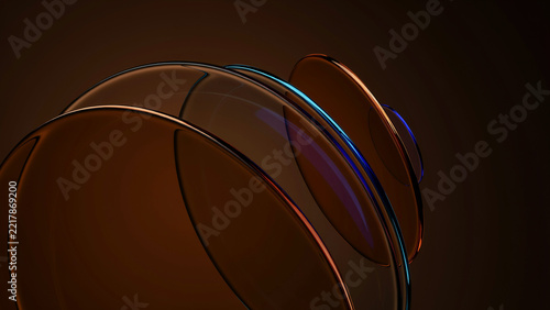 Abstract composition of overlapping curved glass rings with warm brown and blue light reflections