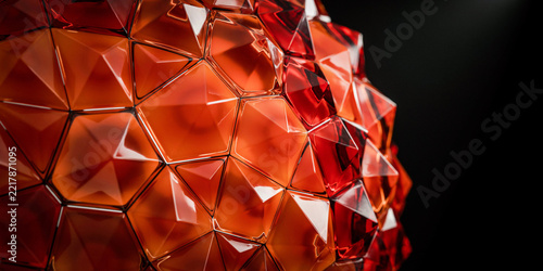 Abstract sphere made of interconnected red glass geometric polygons and facets