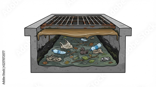Clogged storm drain with garbage and plastic waste vector illustration  
