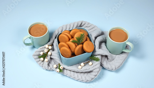 Two cups of coffee with cookies in a container on a grey knitted scarf