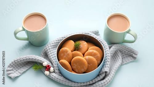 Two cups of warm cocoa and a bowl of glazed cookies on a soft knitted cloth