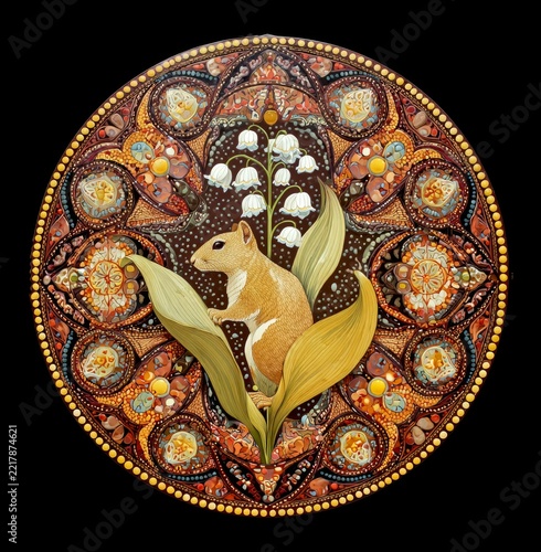 A vibrant illustration featuring a charming squirrel nestled among delicate leaves and flowers. Rich detail and vivid colors create a unique visual style that engages viewers. AI