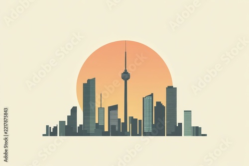 Modern city skyline silhouette with tower against sunset