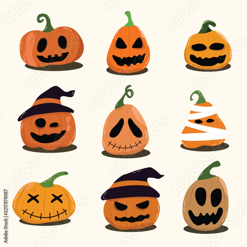 Halloween pumpkin vector set, cute carved jack o lantern characters illustration isolated