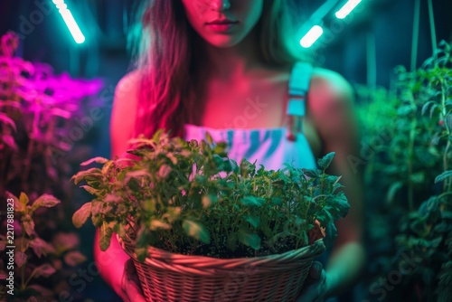 Young caucasian female holding basket of plants in neon-lit urban farm