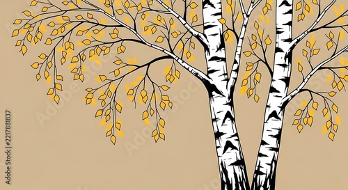 Autumnal birch trees with golden leaves on beige background