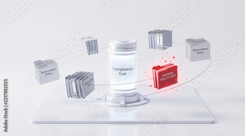 Minimal glass blocks with one red element, policy gap analysis, control gap, deficiency detection and compliance risk concept
