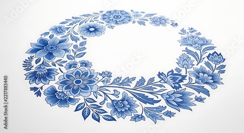 Blue floral wreath design with leaves and flowers