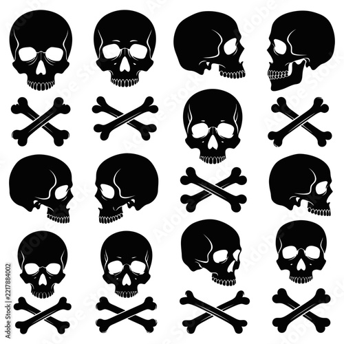 Set of black silhouette human skulls and crossed bones icons isolated on a white background