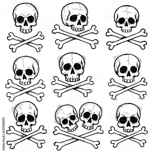 Set of hand drawn skulls and crossbones isolated on white background for creative design