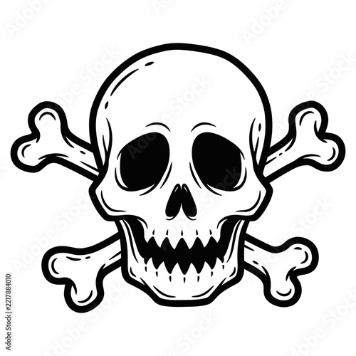 Black and white human skull with crossbones in a classic stylized tattoo line art illustration