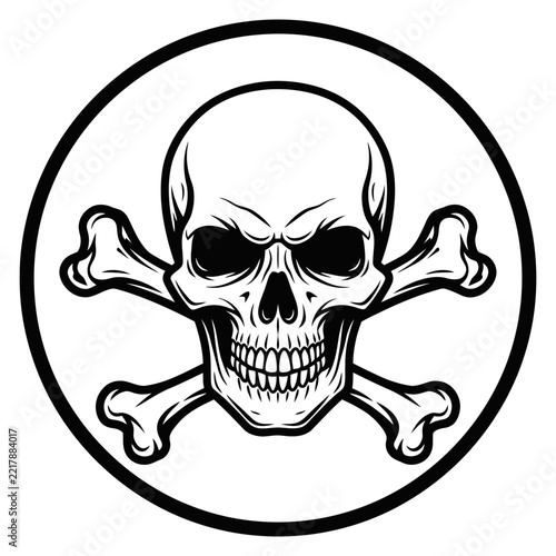 Black and white human skull with crossbones inside a circular emblem for warning signs