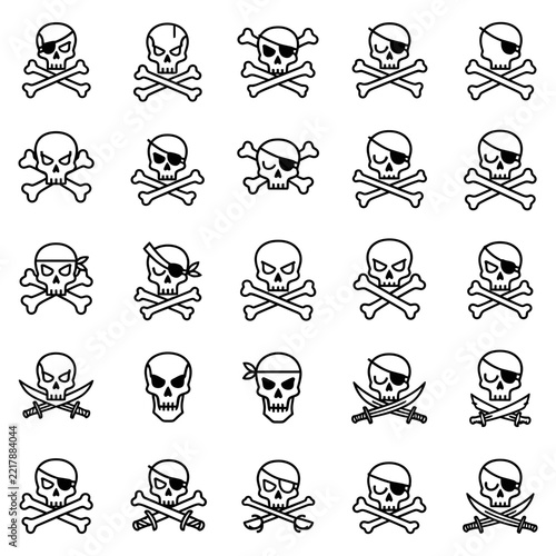 Set of twenty-five black and white pirate skull icons with crossed bones and swords on white